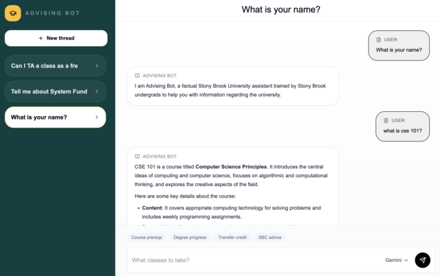 The advising bot answering a student's question about a course